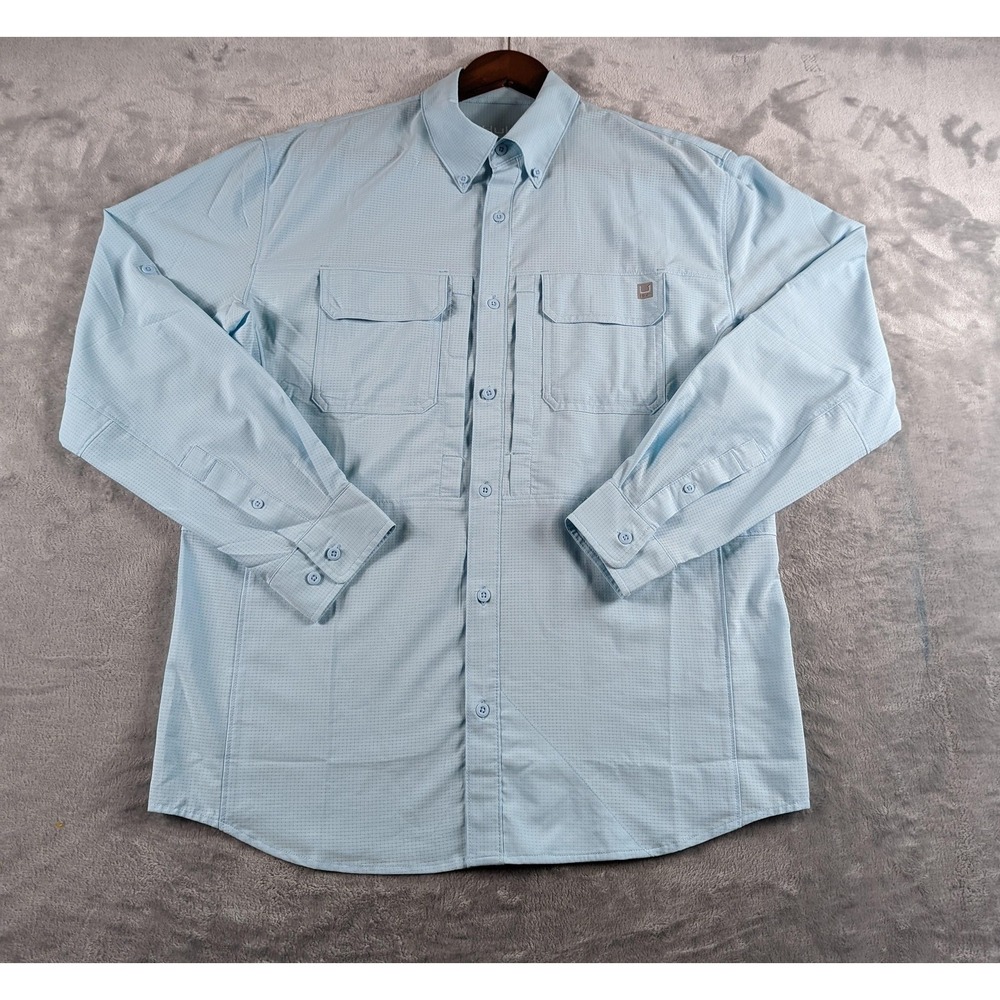 Huk Shirt Mens Medium Blue A1A Woven Long Sleeve Button Down Fishing Performance